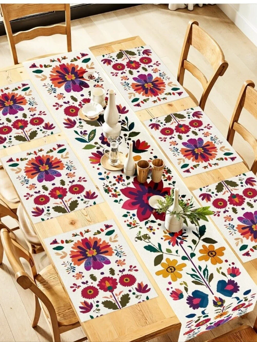 Floral Tile Pattern Table Runner and Placemats Set - Multicolor